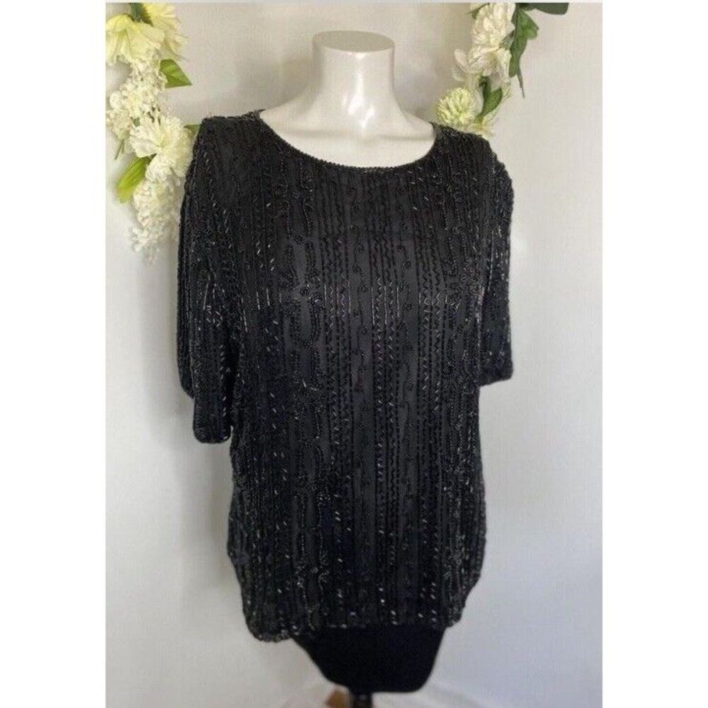 Vintage Stenay Formal Womens Size Large Heavily Beaded Silk Black Blouse Top GUC
